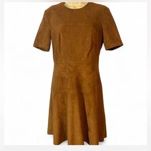 Bagatelle collection short sleeve fit flare seam faux camel brown suede dress S